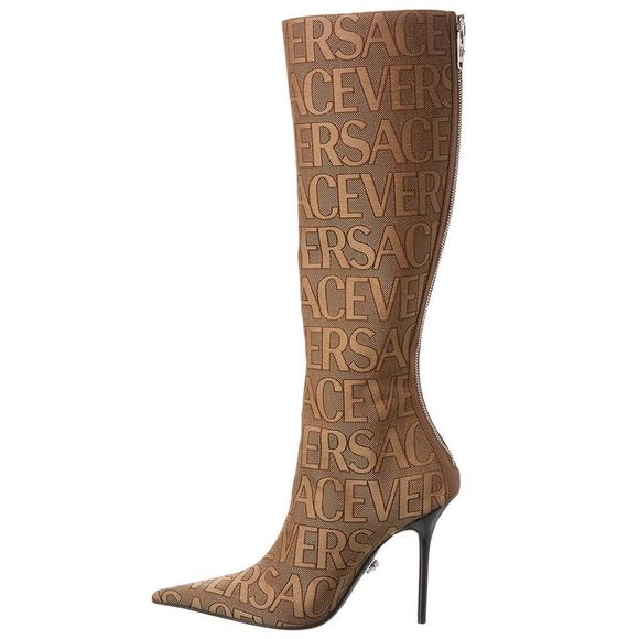 Versace Allover Canvas & Leather Knee-High Boot - Picture 2 of 5